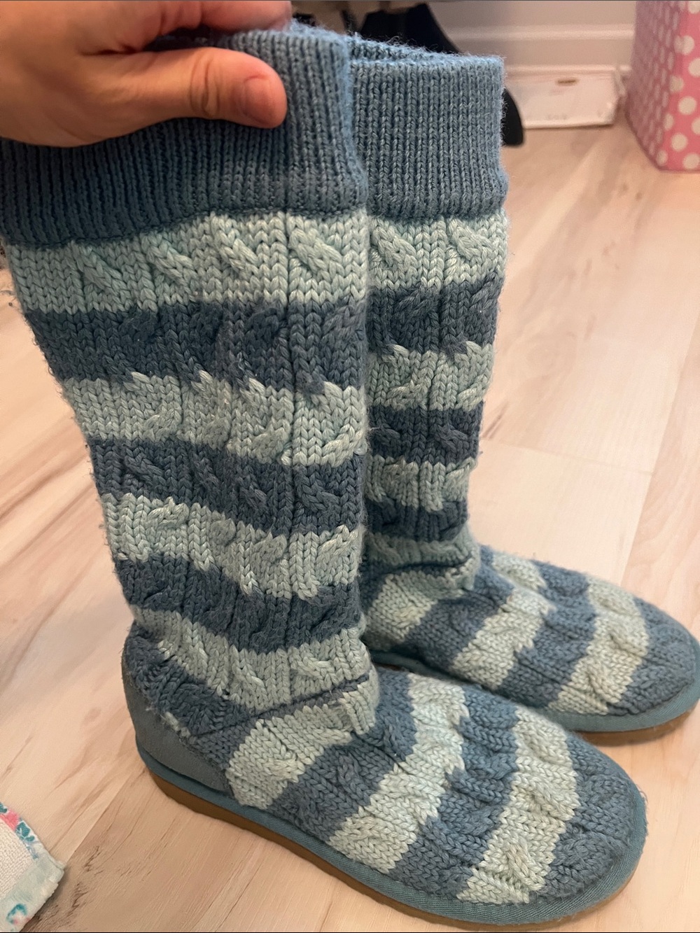 UGG Cozy Women's Knit Stripe Slipper Boots in Light Blue and Slate